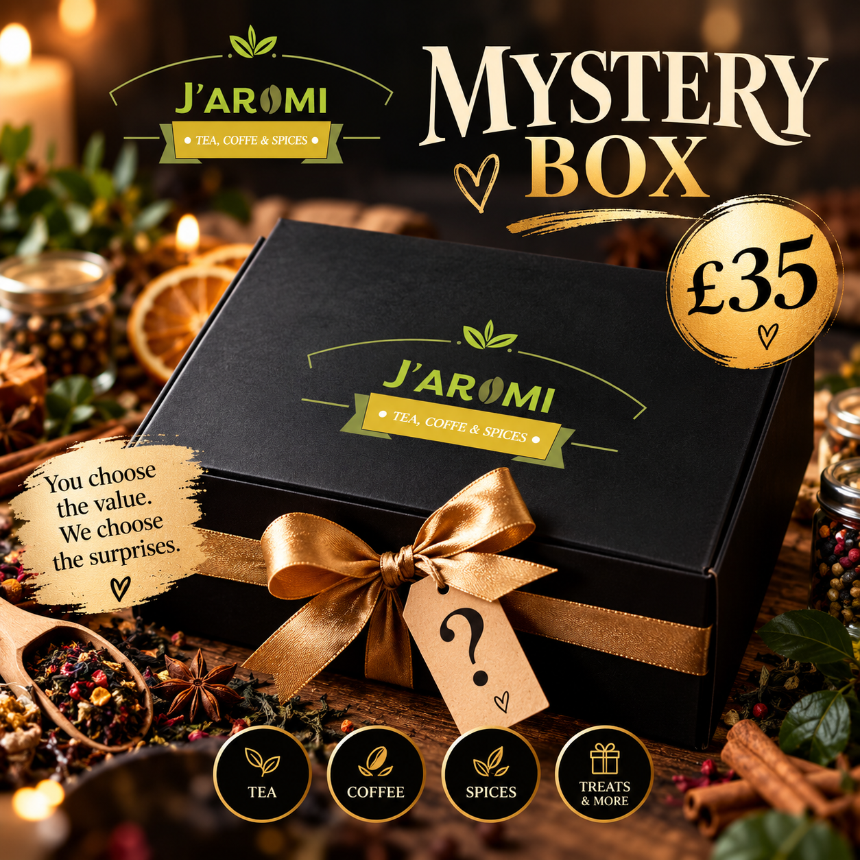 J.aromi Mystery Box £35 with surprise tea, coffee, spices and treats gift selection